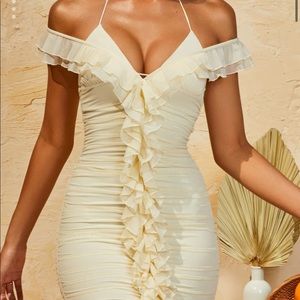 Oh Polly Ruffle Mini Dress in Beige